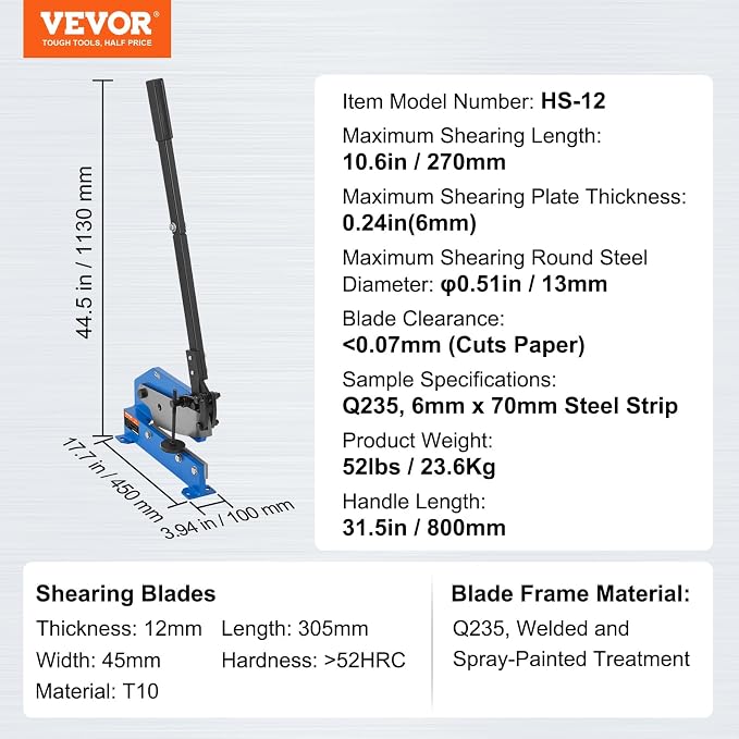 VEVOR Hand Plate Shear 12",Manual Metal Cutter Cutting Thickness1/4 Inch Max,Metal Steel Frame Snip Machine Benchtop 1/2 Inch Rod,for Shear Carbon Steel Plates and Bars