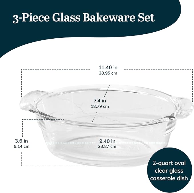 Libbey Baker’s Premium 3 Piece Glass Baking Dish Set, Stackable, Space Saving Casserole Dish with Lid Set, Baking Glassware for Casseroles, Desserts