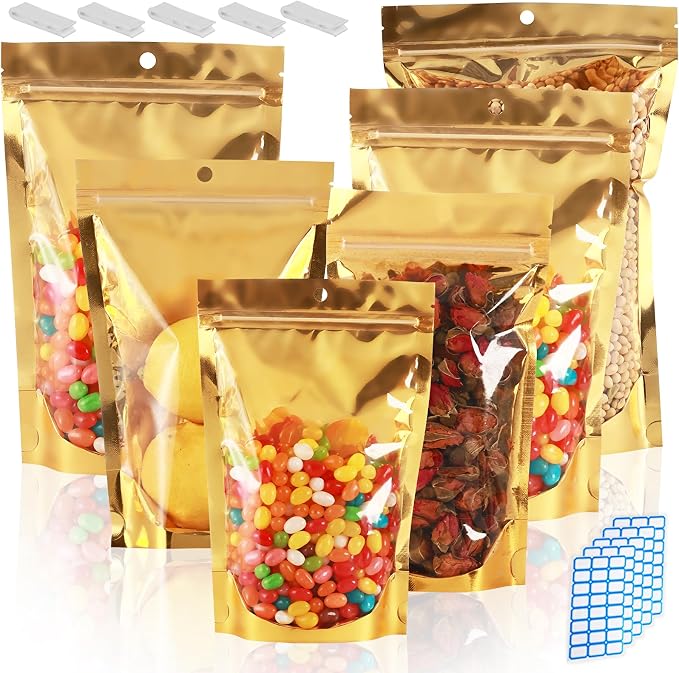 400 Pcs 1 Gallon Mylar Bags for Food Storage 10x14 Mylar Bag with Window Large Holographic Resealable Bags Smell Proof Bag Food Packaging for Small Business Freeze Dried Candy Stand Up Pouches