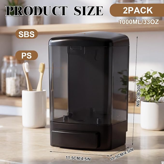 Hushee 2 Pcs Plastic Wall Mounted Soap Dispenser Commercial Manual Soap Containers Wall Dispenser for Kitchen Shower Hotel Liquid Shampoo Gel Chamber (33.8 oz 1000 ml,All Black)