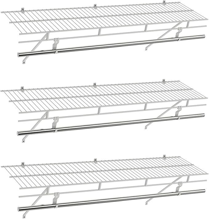 COSTWAY Closet Shelves Wall Mounted, Ventilated Shelf with Hanging Rod | Metal Wire Shelving Kit, Wire Wall Shelf for Laundry Room, Bedroom, Home, Mounting Accessories Included (3, 4 ft x 12 in)