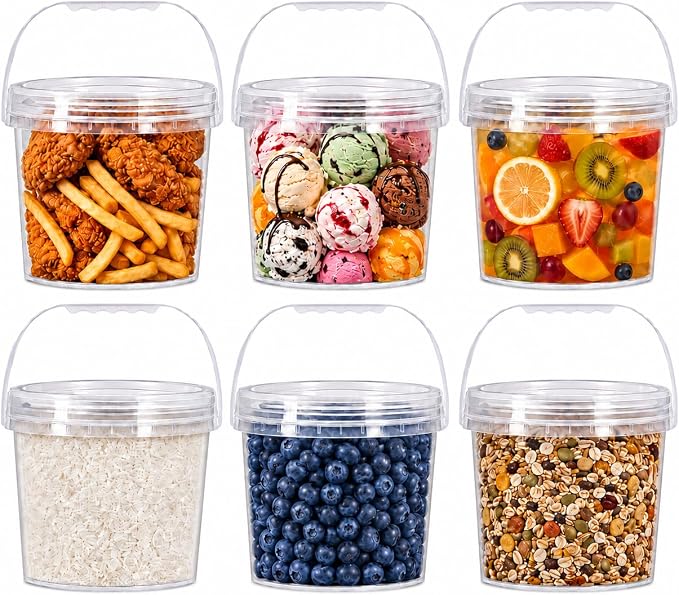 6 Pack 1 Gallon Food Grade Plastic Buckets with Screw Lids & Handle, Reusable Storage Containers for Snacks, Salad, Sauce - Clear Freezer Safe Bucket Set (Transparent)