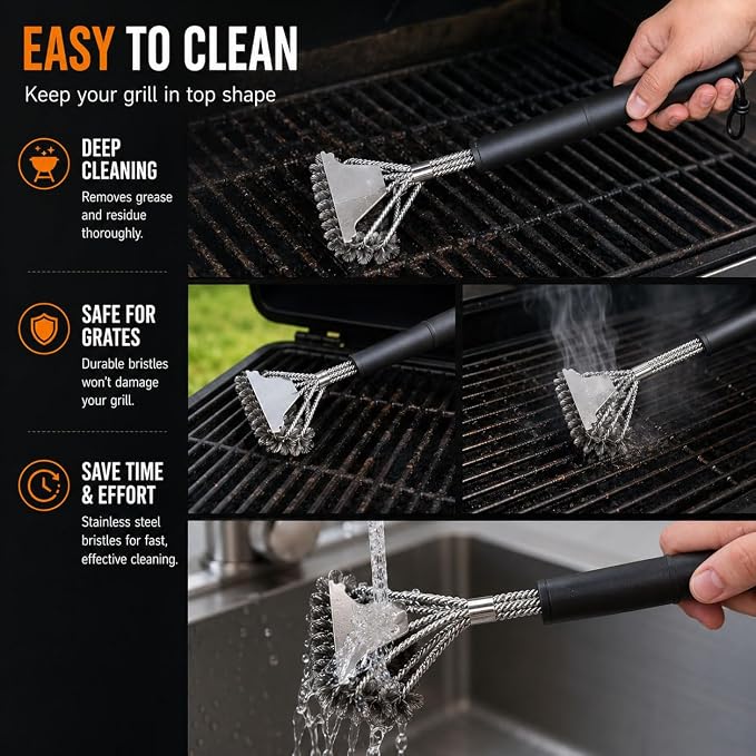 3PCS BBQ Grill Cleaning Brush for Cuisinart CGG-340 Roll-Away Gas Grill | 17.3" Bristle-Free Grill Brush with Scraper | 16.4" Overlapping Coil Brush | 17.5"3-Row Wire Bristle Grill Brush with Scraper