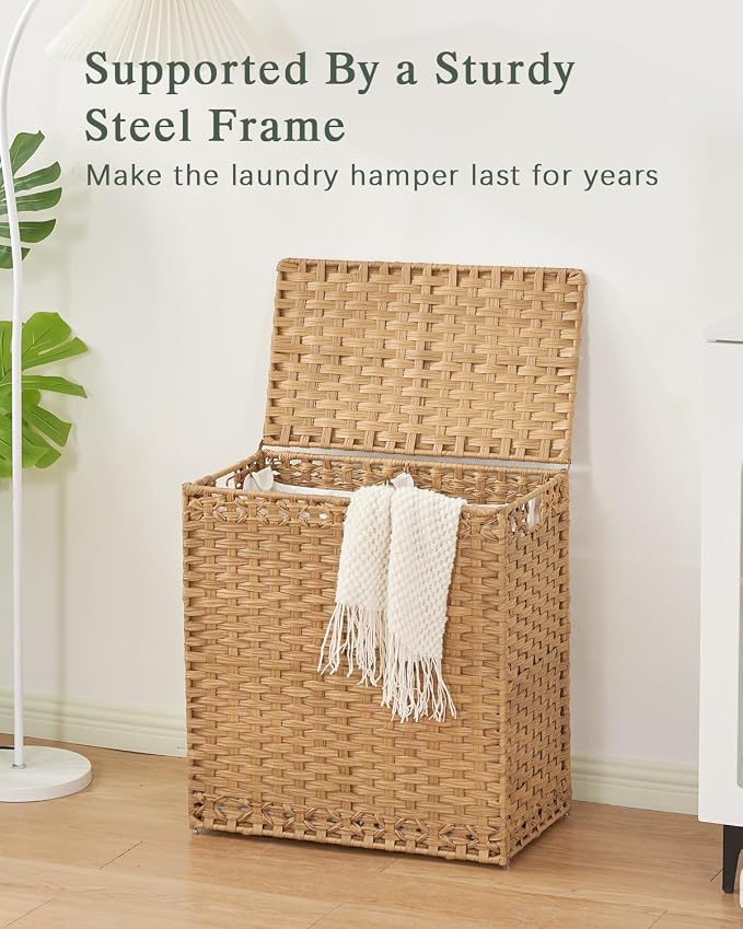 SETVSON Laundry Hamper with Lid Wicker Laundry Basket 112L, Natural | Large Family Clothes Sorter Trunk with Lid, 3 Compartment Washable Liners, 6 Mesh Bags, Collapsible Steel Frame