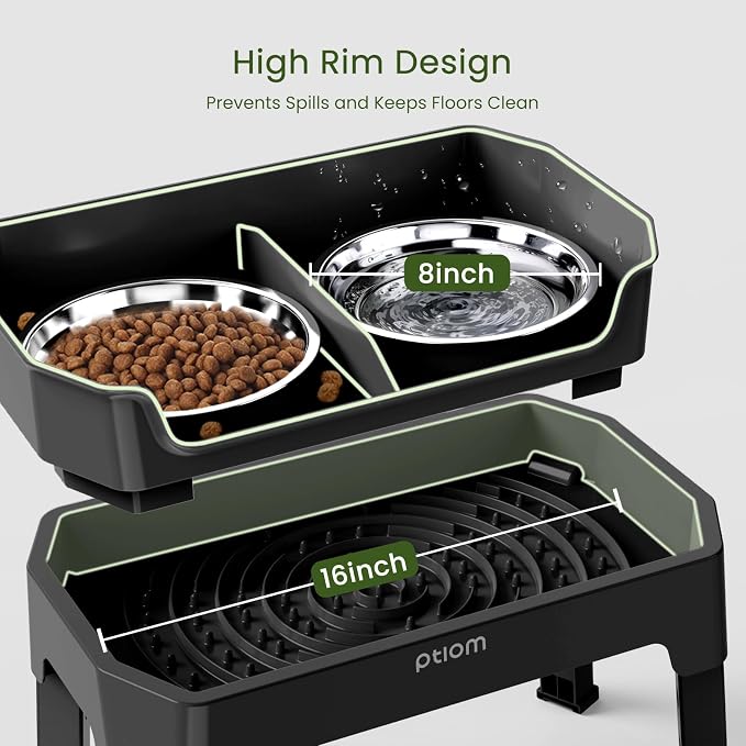 3-in-1 Elevated Dog Bowls Mess Proof Raised Slow Feeder Dog Bowls, 4 Height Adjustable Dog Bowl Stand Licking Plate with 2 56oz Stainless Steel Dog Food Bowls for Small Medium Large Dogs Pets