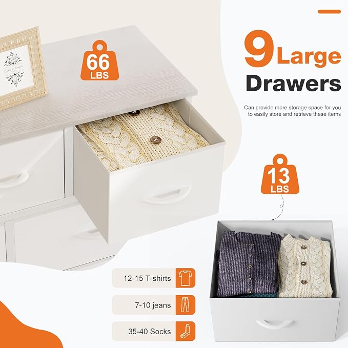 Sweetcrispy 9-Drawer Fabric Dresser Storage Tower with Wood Top and Steel Frame, Organizer Chest with Easy Pull Handles for Bedroom, Closet, Hallway,Pure White