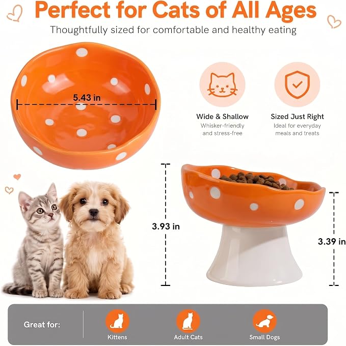 Orange Mushroom Cat Bowl, Elevated Ceramic Bowl for Cats | Elevated, Ceramic, Whisker Friendly, Anti Vomitin,Cute Mushroom Design