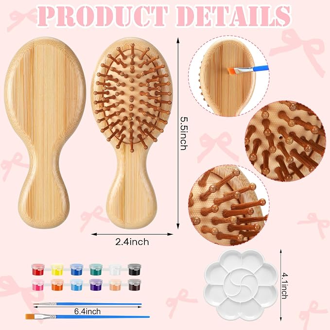 Meanplan 12 Set DIY Wooden Hairbrush Painting Kits Make Your Own Hair Brush Hand-Painted Hairbrush Night Party Supplies with Paint Brush and Palette for DIY Gift Party Crafts (Mini)
