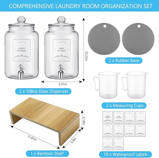 2-Pack Glass Laundry Detergent Dispenser with Stand, 106oz Leak-Proof Glass Fabric Softener Dispenser- Laundry Soap Dispenser-Reusable Container for Kitchen & Bathroom Storage
