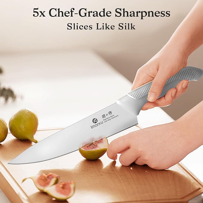 imarku 14 Pcs Japanese Stainless Steel Knives Set for Kitchen Grayish White | High-Carbon Stainless Steel Blades, Anti-Slip Handle, Built-In Sharpener for Lasting Performance, Gift for Cooking Beginners