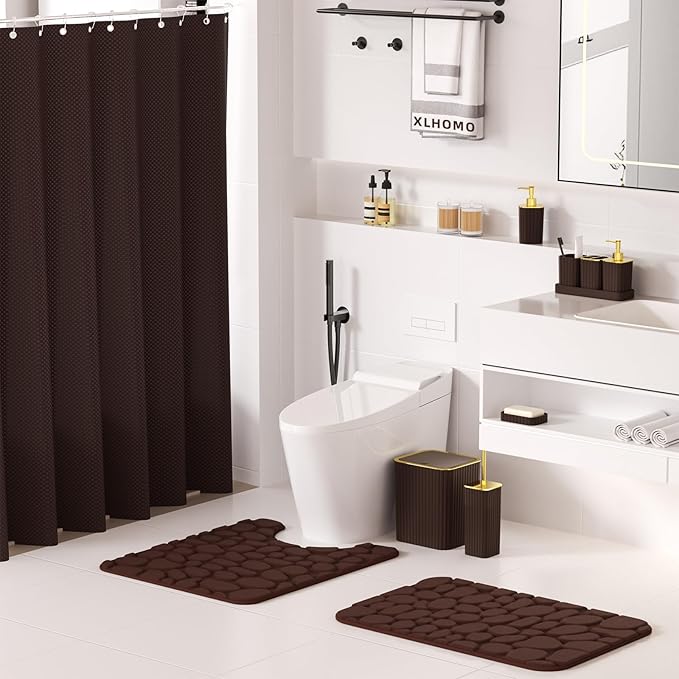 XLHOMO Bathroom Accessories Set - 25PC Brown Bathroom Sets with Shower Curtain and Rugs, Bathroom Accessory Set, Brown Shower Curtain Set, Trash Can, Qtip Holder Dispenser & Soap Dispenser