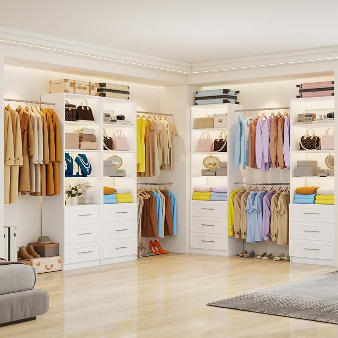 Fastgo Closet System with Drawers, 5-9FT Closet Organizer System with 4 Expandable Rods & Adjustable Shelves for Walk in Closet, 96” Built in Closet System Tower, Small Closet Storage System, White