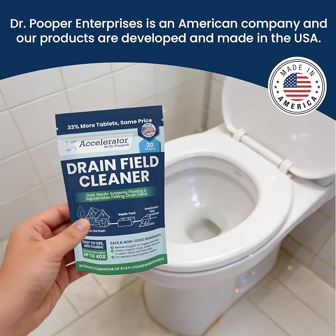 Accelerator by Dr. Pooper Drain Field Cleaner Tablets (20 Count) - Septic Tank Treatment for Clogs, Odor & Sludge - 90% Less Plastic - 10 Month Supply - Aerobic & Anaerobic Systems - Easy Flush