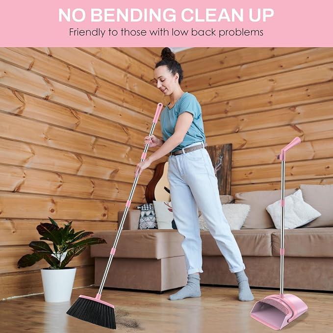 Broom and Dustpan Set for Home, 51-in Long Adjustable Handle Angle Broom and Dustpan Combo Set with Dust Pan Teeth to Clean Hair for Home Kitchen Office Lobby Floor Garden, Pink