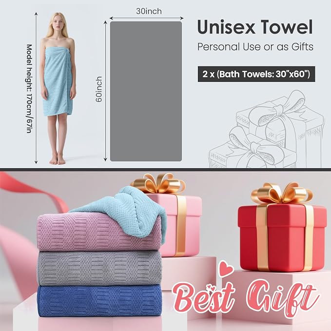 JML Microfiber Bath Towels, Light Blue, 30" x 60", 2 Pack | Hanging Hook, Lint Free, Oversized, Soft, Super Absorbent, Fast Drying, Use for Sport, Fitness, Yoga, Diamond Cross Grid