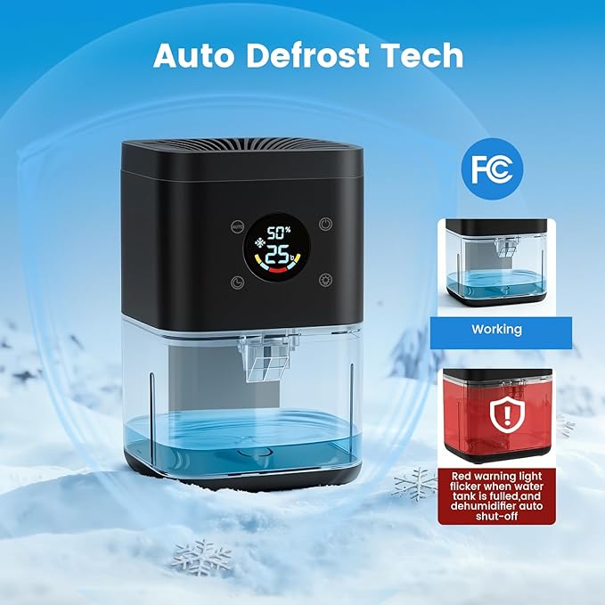 Small Dehumidifier for Bedroom – 63oz Auto Dehumidify (60/70%) & Continuous Mode, 35dB Ultra Quiet for Bathroom Apartment Home Closet RV, Portable Auto Defrost & Auto Shut-Off, 7-Color & Timer, Black