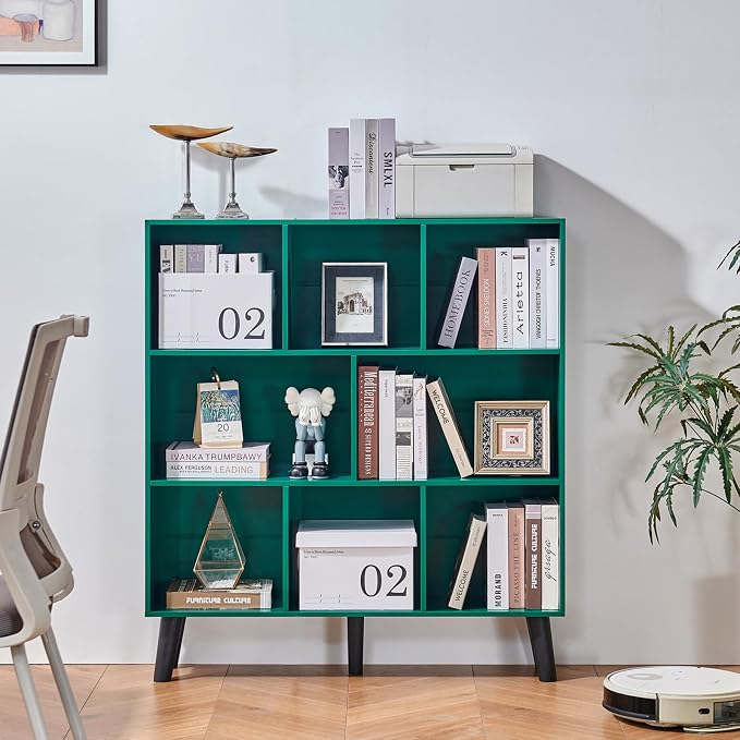 LEYAOYAO 8 Cube Bookshelf,Mid-Century Modern Bookcase with Legs,Dark Green | 3 Tier Book Shelf,Rustic Wood Bookshelves Freestanding Large Storage Organizer, Open Shelves for Bedroom, Living Room, Office