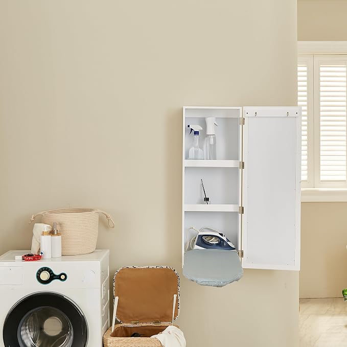 Ironing Board Cabinet with Storage for Laundry Room,White | Mirror Door|3-tier Storage Shelves|High-Temperature Protection Design|Good Load-Bearing Capacity