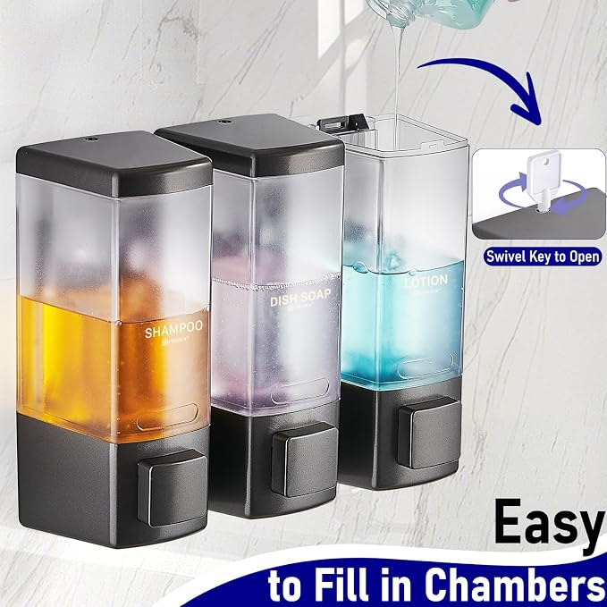 Pollock Shampoo and Conditioner Dispenser 3 Chamber * 500ML | Shower Soap Dispenser Wall Mounted, Body Wash Dispenser No Drill, Refillable Shower Dispenser for Bathroom