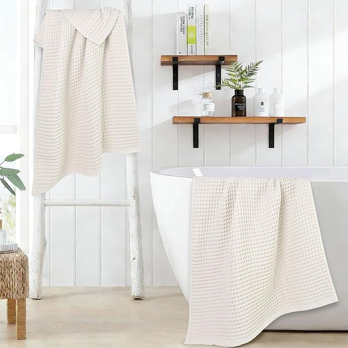 Waffle Bath Towels Set of 2 (Mist White) – Cotton, Quick Dry, Low Lint | 31” x 62” Large Towels for Bathroom Shower Spa Pool