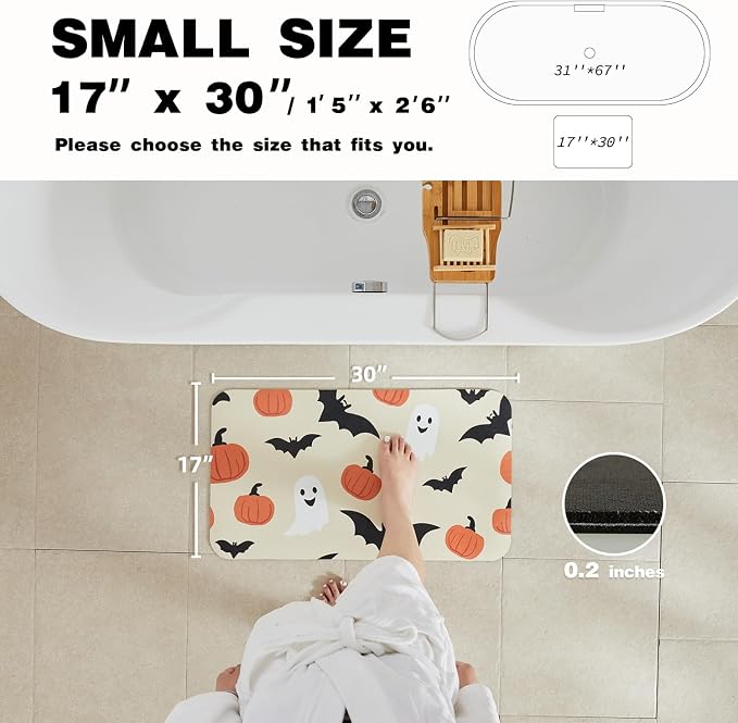 TYUU Halloween Bath Mat, Thin Bathroom Rug Non Slip Quick Dry Pumpkin Bath Mat Fits Under Door Thin Floor Mat Halloween Decor, 17''x30'', Pumpkins Bats and Ghost