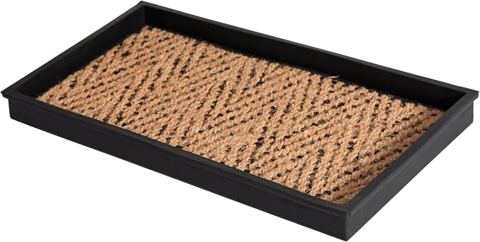 Anji Mountain Heavy Duty Waterproof Rubber Shoe Storage Mat Organizer/Boot Storage Tray Multi Use For Entryway with Coir, Tan and Black Insert, Fits 2 Pair (24.5" Wide)
