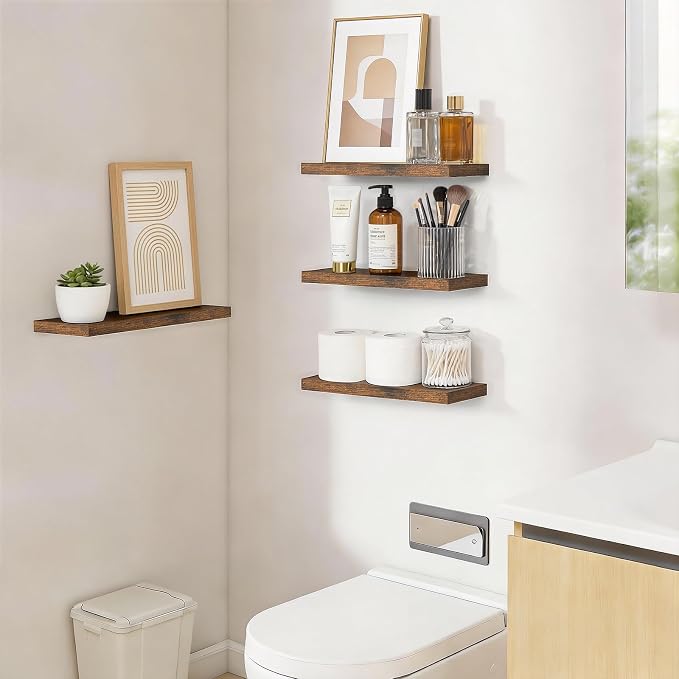 BAYKA Bathroom Floating Shelves for Wall Set of 3 - Rustic Brown Farmhouse Wood Shelves Over Toilet for Bedroom, Kitchen, or Living Room Decor Display, Storage for Plants, Toilet Paper or Bath Towels