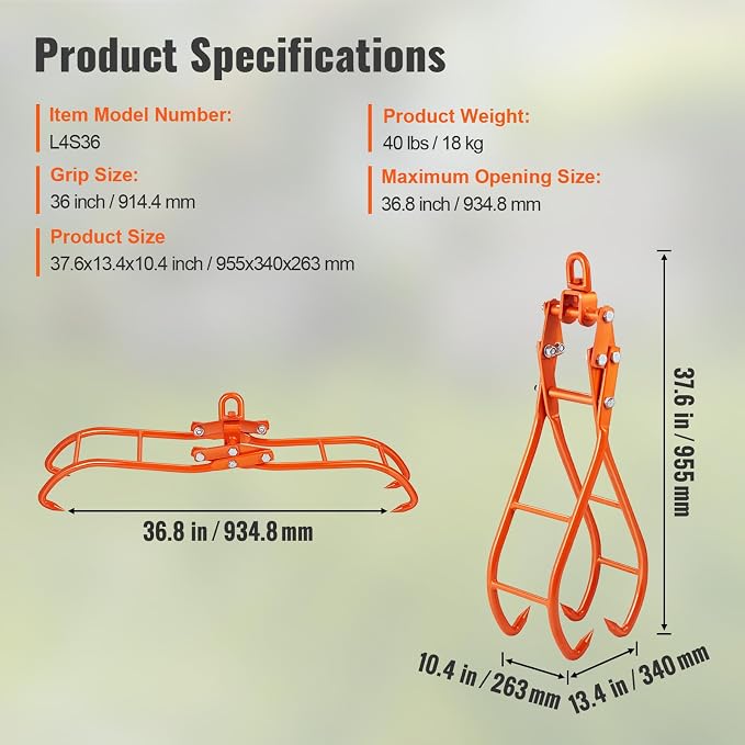 VEVOR Timber Claw Hook, 36 inch 4 Claw Log Grapple for Logging Tongs, Swivel Steel Log Lifting Tongs, Eagle Claws Design with 3307 lbs/1500 kg Loading Capacity for Tractors, ATVs, Trucks, Forklifts