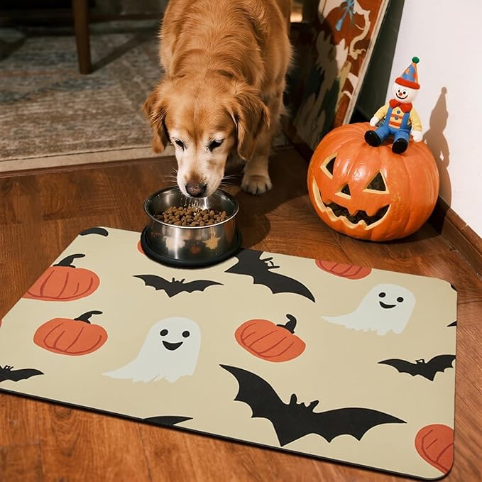 TYUU Halloween Bath Mat, Thin Bathroom Rug Non Slip Quick Dry Pumpkin Bath Mat Fits Under Door Thin Floor Mat Halloween Decor, 24''x36'', Pumpkins Bats and Ghost