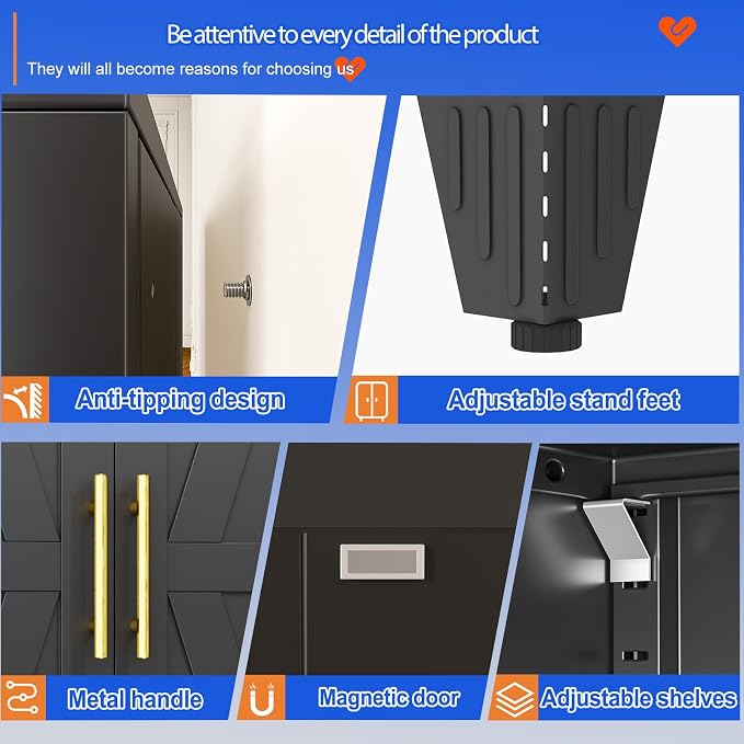 GAIOUS 61" Tall Kitchen Pantry Cabinet,Metal Storage Cabinet Black Cupboard | Steel Office Cabinet, Freestanding Bookcase with 2 Doors and 3 Adjustable Shelves, Bathroom Kitchen Bedroom Garage Cabinet
