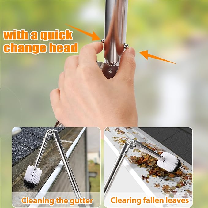 Gutter Cleaning Tools from The Ground, 6.4FT Gutter Scoop with Extension Pole & Gutter Cleaning Brush – Clean Gutters Safely, Easily Remove Leaves & Debris (Silvery)