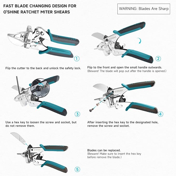 O'Shine 22.5 Professional Ratchet Miter Shears Elite, 22.5 45 & 90 Degree Heavy Duty Multi Angle Base Shoe Cutter, 3X Effort Saving Shoe Molding & Quarter Round Cutting Tool, 1 Extra Replacement Blade