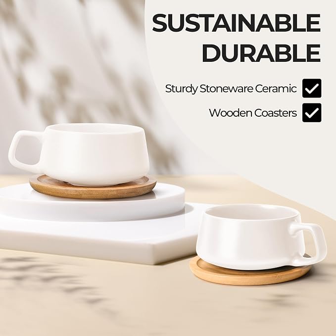 MIAMIO - Cappuccino Cup Set of 4, Ceramic, Wide (9.5oz) - Luxe (White) | Ceramic cappuccino cups and saucers, wide latte cups and mugs for Americano, 4-piece set of ceramic cups, dishwasher safe