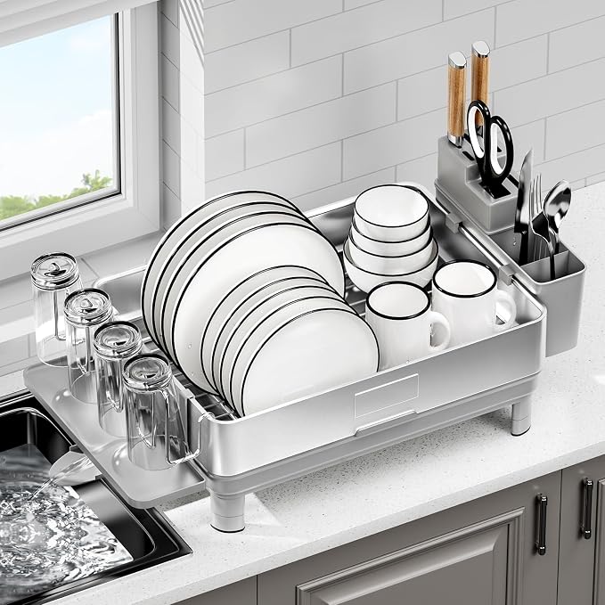 Dish Drying Rack, 304 Stainless Steel Dish Racks for Kitchen Counter | Dish Drainers with Automatic Drainage, Utensil Holder & Cups Holder, Space Saving Kitchen Organizer, Gray