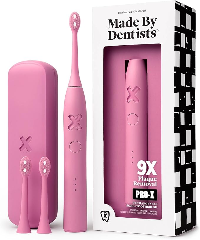 Made by Dentists PRO‑X Sonic Electric Toothbrush for Adults – Dentist‑Designed Whitening Rechargeable Toothbrush, 9 x More Plaque Removal, 70 Day Battery, 3 Modes, Travel Case & Extra Heads, Pink