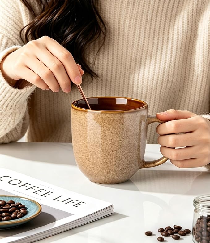 LERATIO Ceramic Coffee Mugs Set of 6,12oz Handmade Coffee Mugs Set | Large Handle for Cappuccino/Latte/Tea/Hot Cocoa,Oven &Dishwasher & Microwave Safe-Chestnut