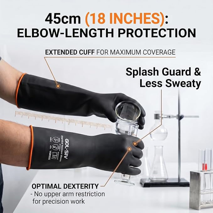 Heavy Duty Industrial Rubber Gloves, Chemical Resistant Protective Industrial Gloves - Waterproof, Resist Acid, Oil, Alkali - Latex Safety Glove for Metal Plating & Pool, 18in, 6 Pairs