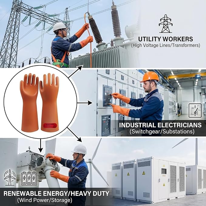 Class 3 Insulated Gloves, ASTM D120, 26500V, 1 Pair, Yellow | High voltage dielectric rubber gloves for linemen & electricians. Electrical safety PPE, arc flash protection.