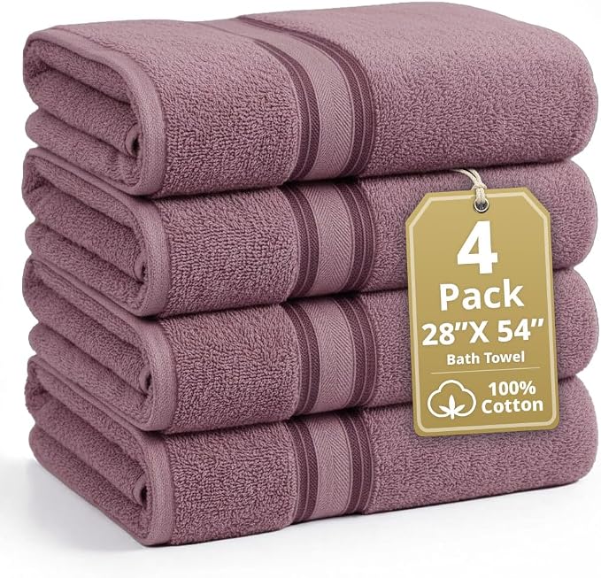 LANE LINEN 100% Cotton Large Bath Towels Set of 4 (28"x54") - Zero Twist, Mercerized Cotton Bathroom Towel 4 Pack - Quick Dry, Soft & Absorbent Large Towels Set - Oeko Tex Certified - Wishful Mauve | Pack Of Towels - Dobby Border Accent, OEKO-TEX Certi...