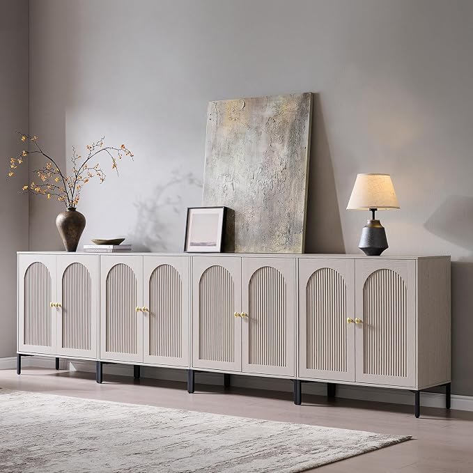 IFGET 123.5"W Modern Arch Sideboard Buffet Cabinet with Storage, Light Grey | Fluted Arched Sideboard Cabinet w/Adjustable Shelves, Wood Modular Kitchen Cabinet for Dining& Living Room, Kitchen, Entryway