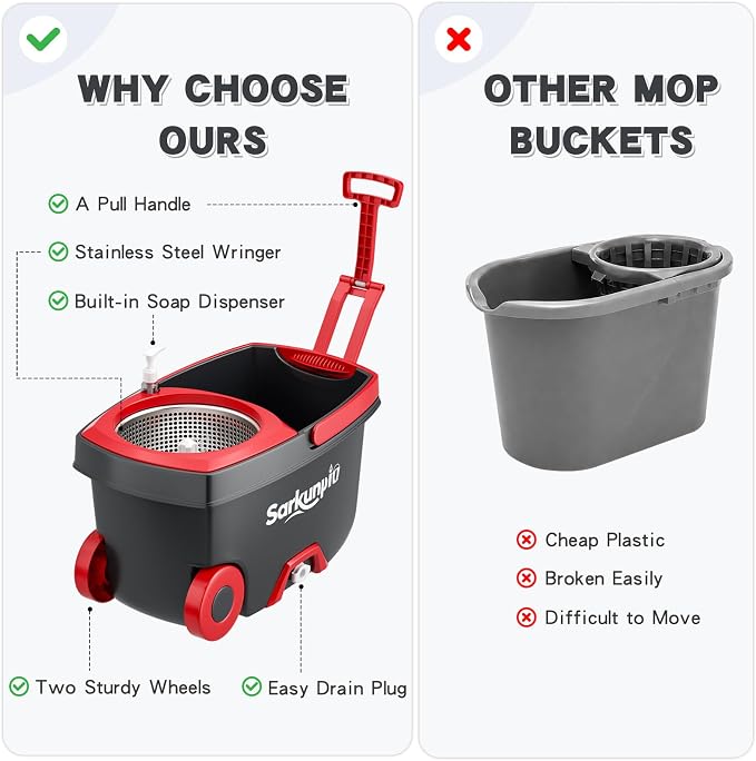 Mop and Bucket Set with 6 Replacement Microfiber Heads, Dark Grey | Spin mop with wringer, 61-inch extra-long handle, spinning mopping floor cleaning system for home floors