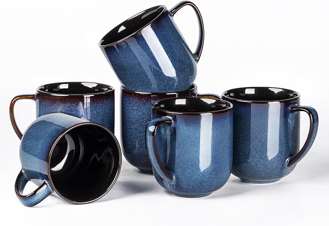 LERATIO Ceramic Coffee Mugs Set of 6,12oz Handmade Coffee Mugs Set | Large Handle for Cappuccino/Latte/Tea/Hot Cocoa,Oven &Dishwasher & Microwave Safe-Blue