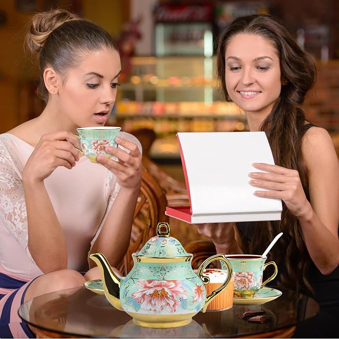 20 Pcs Porcelain Tea Set with Metal Holder and Spoon, European Ceramic Tea Set for Adults, European Flower Painting Teapot Cup Saucer Spoon Set for 6, Gift Pack