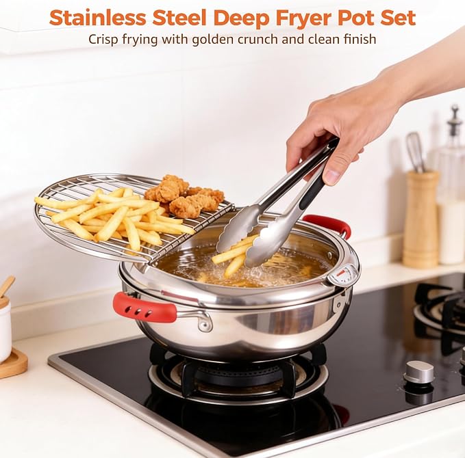 Deep Fryer Pot with Tongs, Stainless Steel Japanese Fryer with Temperature Control and Oil Drip Drainer Rack, Japanese Tempura Pot Set for French Fries Chicken Japanese Tempura (9.8 Inch)