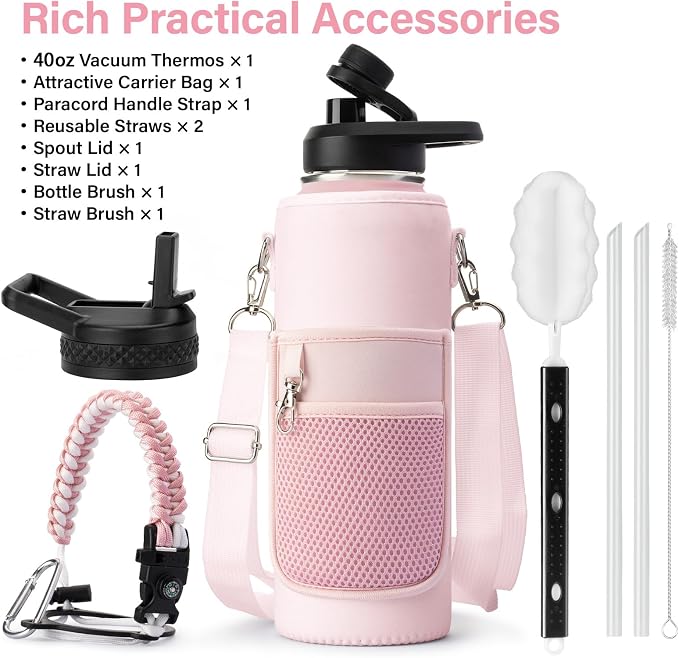 DYSANKY Insulated Water Bottle | Thickened Stainless Steel Vacuum Metal | Portable Sports Water Jug for Gym and Hiking with Straw, Carrier Bag, Handle Strap | BPA-Free 40 oz, Pink