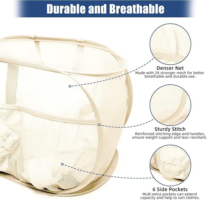 Collapsible Laundry Baskets, Upgrade Pop Up Laundry Hamper with Convenient Bags, Foldable Laundry Basket Mesh Light Weight, Easy to Carry Clothes Hampers for Laundry, Dorm, Toys, Travel Beige