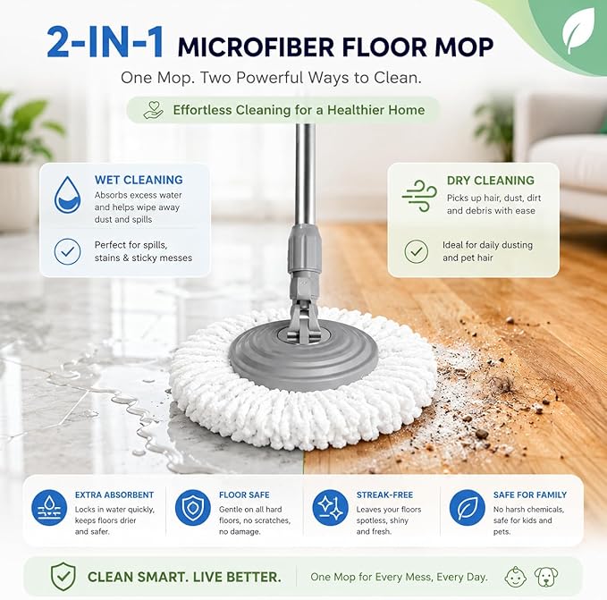 2026 Upgraded Gen 2 Spin Mop and Bucket Set with 4 Swivel Wheels for Easy Rolling, Separates Clean & Dirty Water, Floor Mop with 6 Washable Mop Heads for Wood, Tile, Vinyl, Baseboards - Grey/Blue