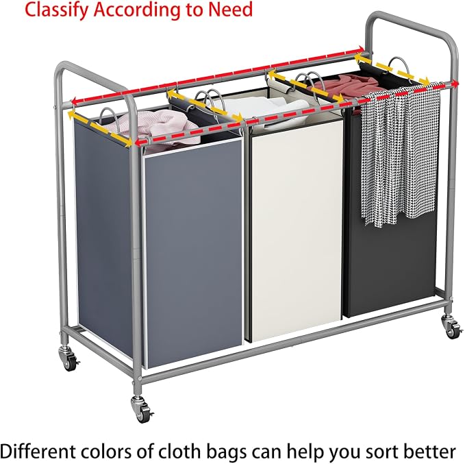LINZINAR 3 Bags Laundry Hamper Assorted Laundry Basket 135L Laundry Sorter | Laundry Room Organization with Heavy Duty Rolling Lockable Wheels and Removable Bag, Bedroom Laundry Cart for Clothes Storage