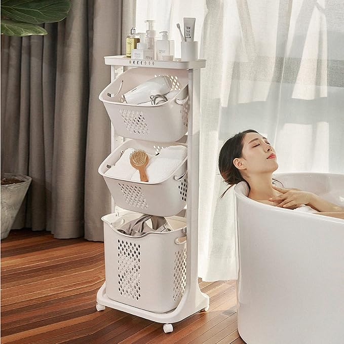 3 Tier Rolling Laundry Hamper Large Capacity Clothes Storage Basket Sorter Cart,White Organizer Shelf with Handle,Household Utility Basket for Bathroom Bedroom Kitchen Laundry Room