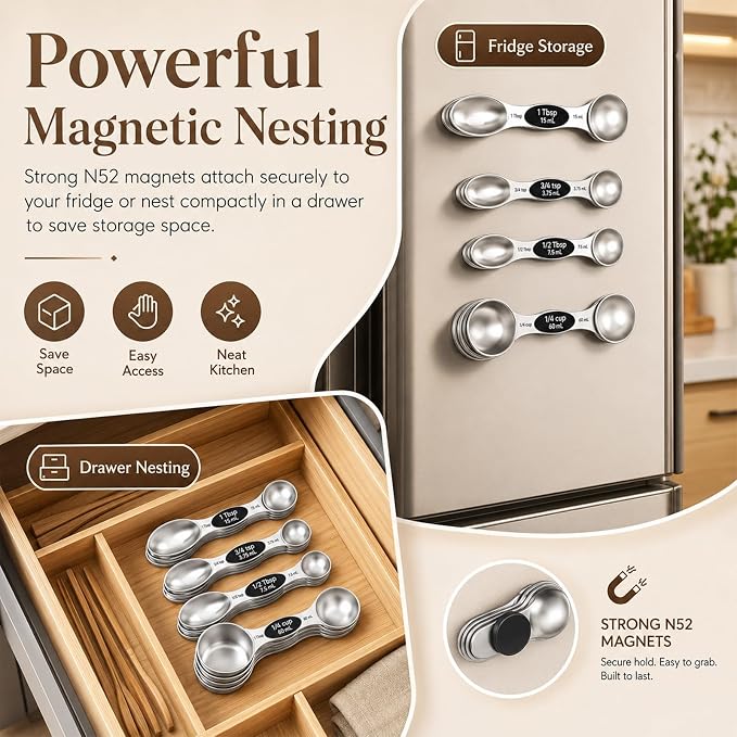 Magnetic Measuring Cups and Spoons Set - 304 Stainless Steel | Dual-sided Design | Set of 15 with Leveler | Strong N52 Magnetic Nesting Design | for Dry & Liquid Ingredients (Black)